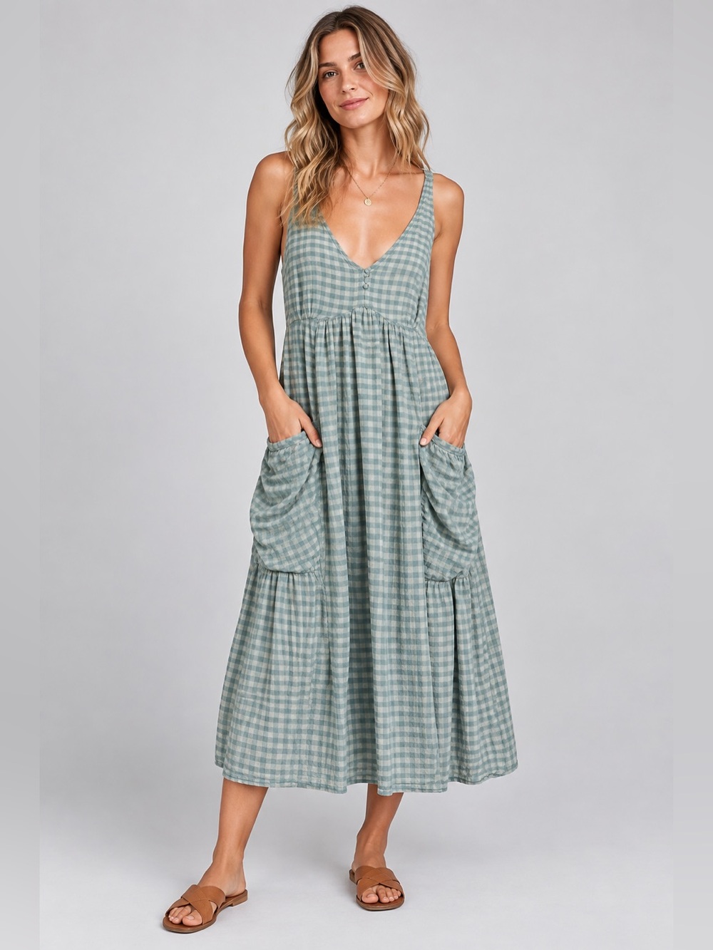 Gigio USA Green Gingham Cottage Core Pocket Maxi Dress – Size Small